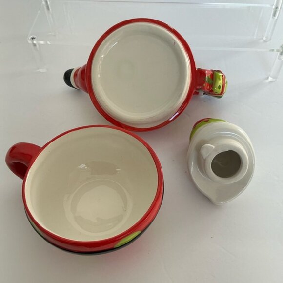 Vintage Santa Teapot Tea For One Holiday Red Green Polka Dot Crackle Barrel - Picture 8 of 16